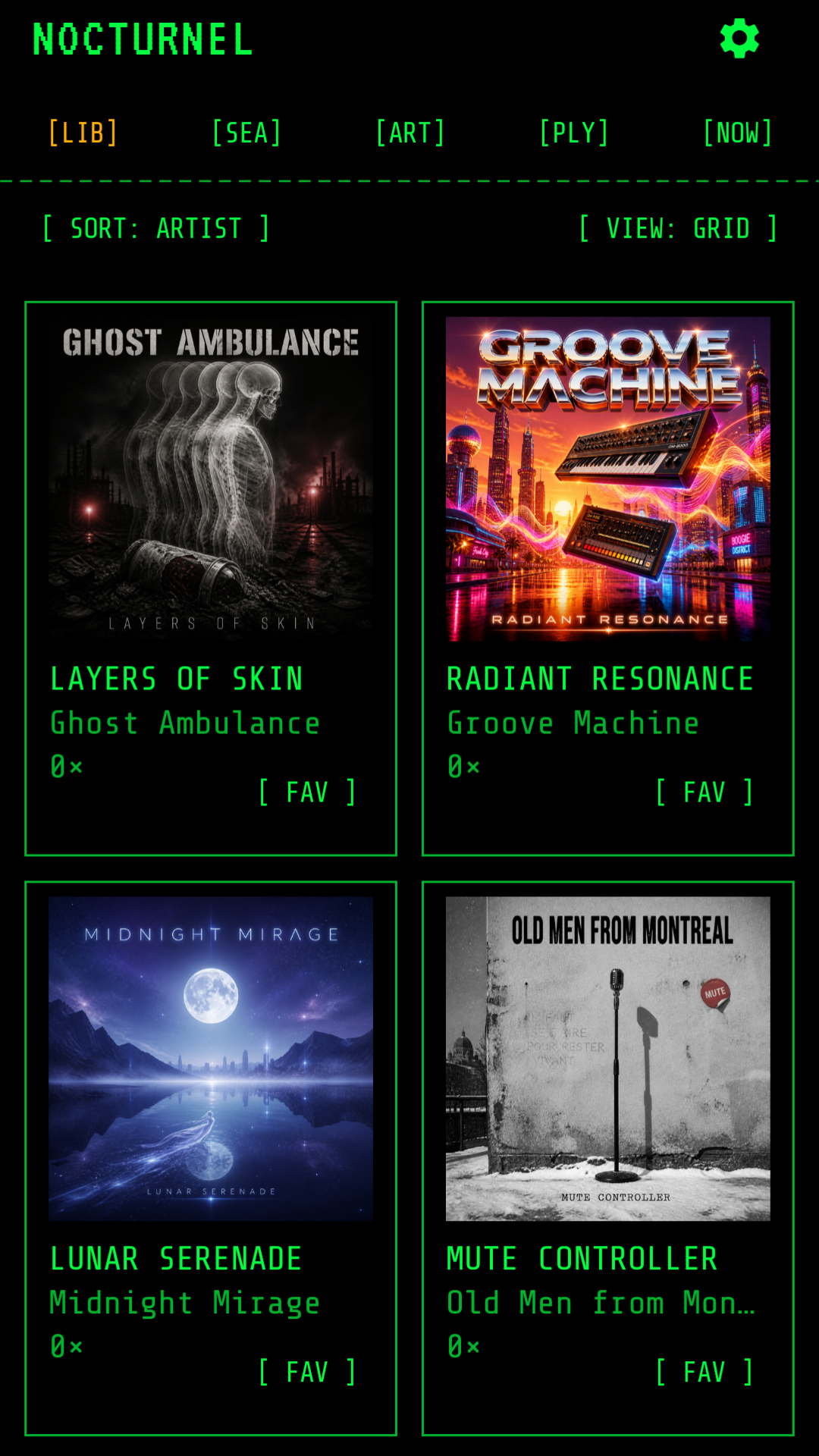 NocturneL album library in a phosphor-green terminal grid