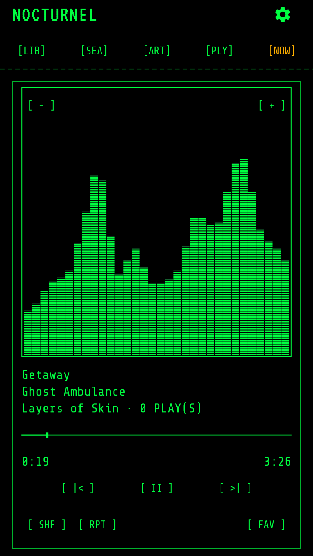 NocturneL Now Playing with a green terminal spectrum-band visualizer
