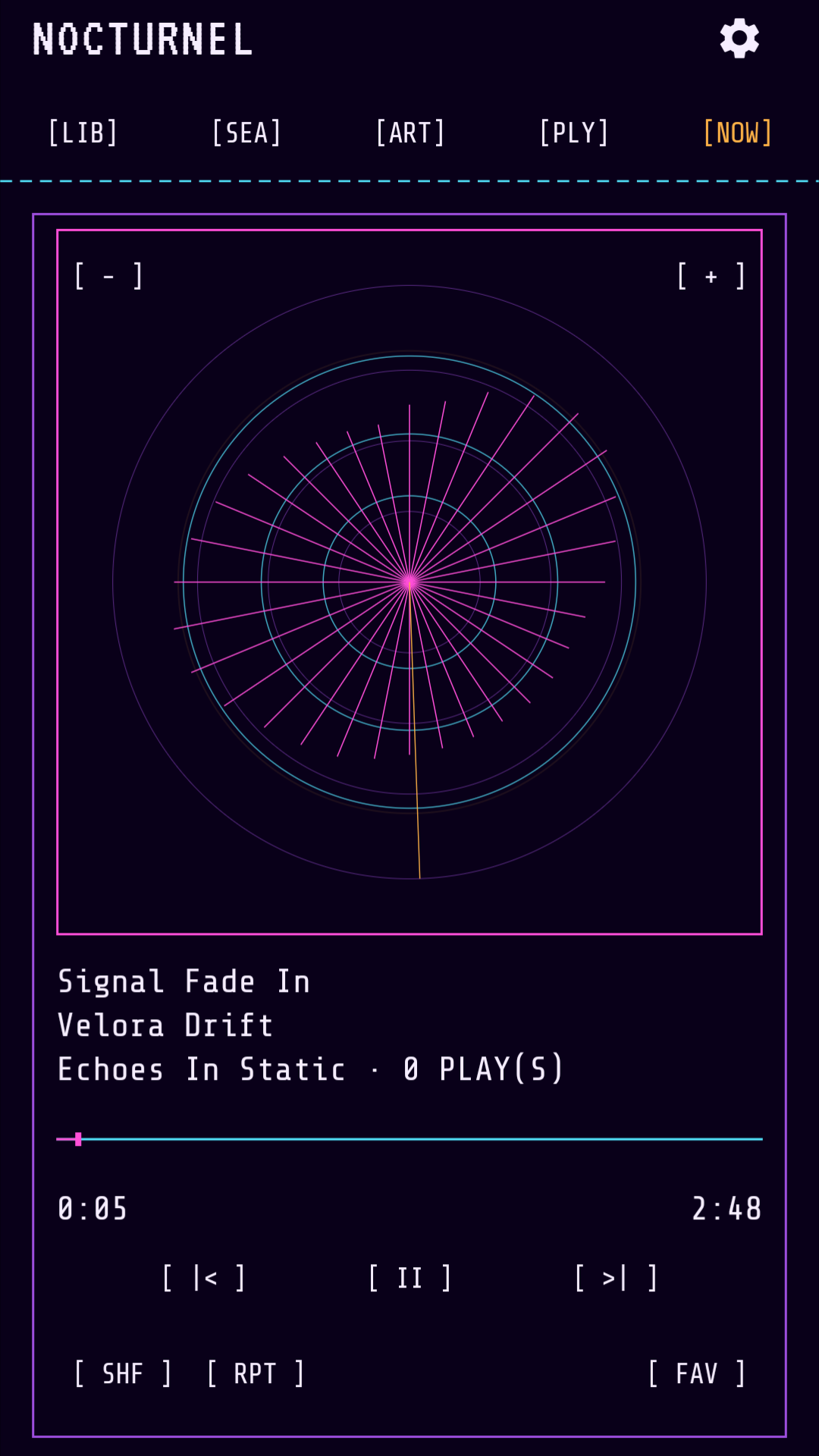 NocturneL Now Playing with a neon circular radar visualizer